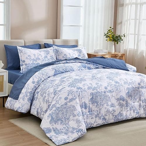DJY Blue Comforter Set Queen, 7 Pieces Bed in a Bag Queen Size Botanical Comforters with Sheets Elegant Plants Print Soft Microfiber Reversible Complete Bedding Sets for All Season thumbnail 2