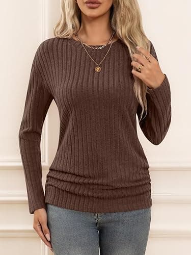 Bliwov Long Sleeve Shirts for Women Fall Fashion Outfits CrewNeck Tops Sides Ruched Winter Pullover Sweaters Tunic Clothes thumbnail 4