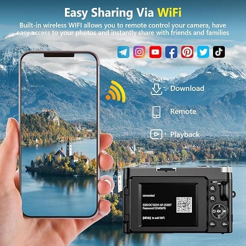 4K Digital Camera for Photography Autofocus, Upgraded 64MP WiFi Vlogging Camera for YouTube with 3" 180° Flip Screen, 16X Zoom, Compact Travel Cameras for Beginners with 32GB Card, 2 Batteries, Black - Black thumbnail 4