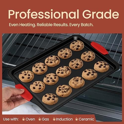 Baking Set – 10 Piece Kitchen Oven Bakeware Set – Deluxe Non-Stick Blue Coating Inside and Outside – Carbon Steel – Red Silicone Handles – PFOA PFOS and PTFE Free by Bakken,Black thumbnail 3