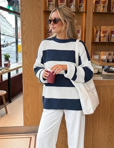 ZESICA Womens Long Sleeve Oversized Striped Knitted Sweaters | Color Block Sweater,Crew Neck Sweater,Loose Fit Sweater,Ribbed Knit Pullover,2026 Fall Winter Sweater,Casual Going Out Top thumbnail 3