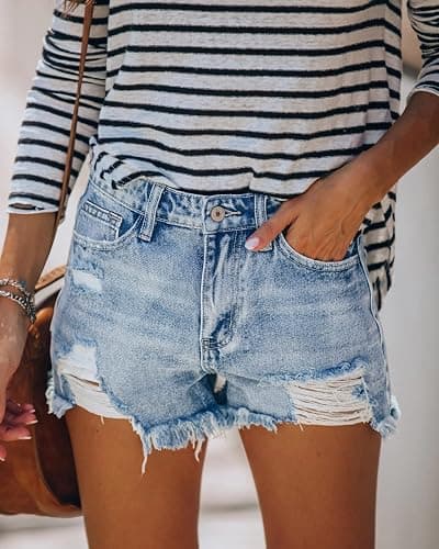 MINGALONDON Women's Denim Shorts Mid Waist Ripped Distressed thumbnail 2