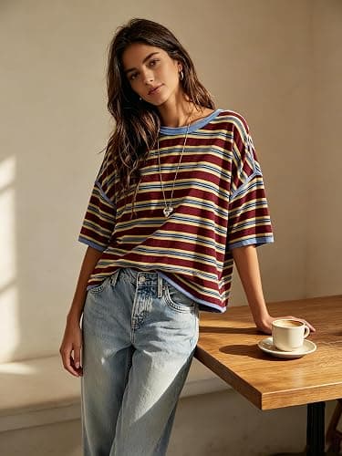 Womens Oversized Striped T-Shirt Cotton Boxy Crop Top 90s Retro Drop Shoulder Ringer Tee Casual Skater Streetwear Tops thumbnail 5