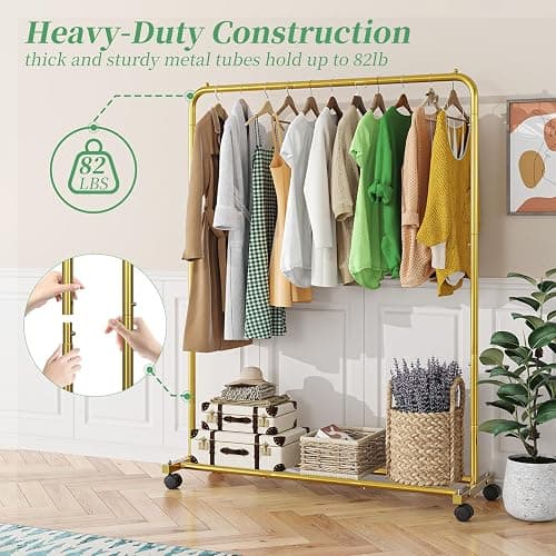 Simple Trending Standard Clothes Clothing Garment Rack with Storage Shelves, Rolling Clothes Organizer on Wheels for Hanging Clothes, Gold thumbnail 6