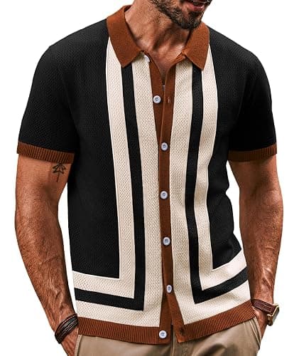 PJ PAUL JONES Mens Polo Shirts Vintage Striped Button Down Knitted Golf Shirts - Image 1