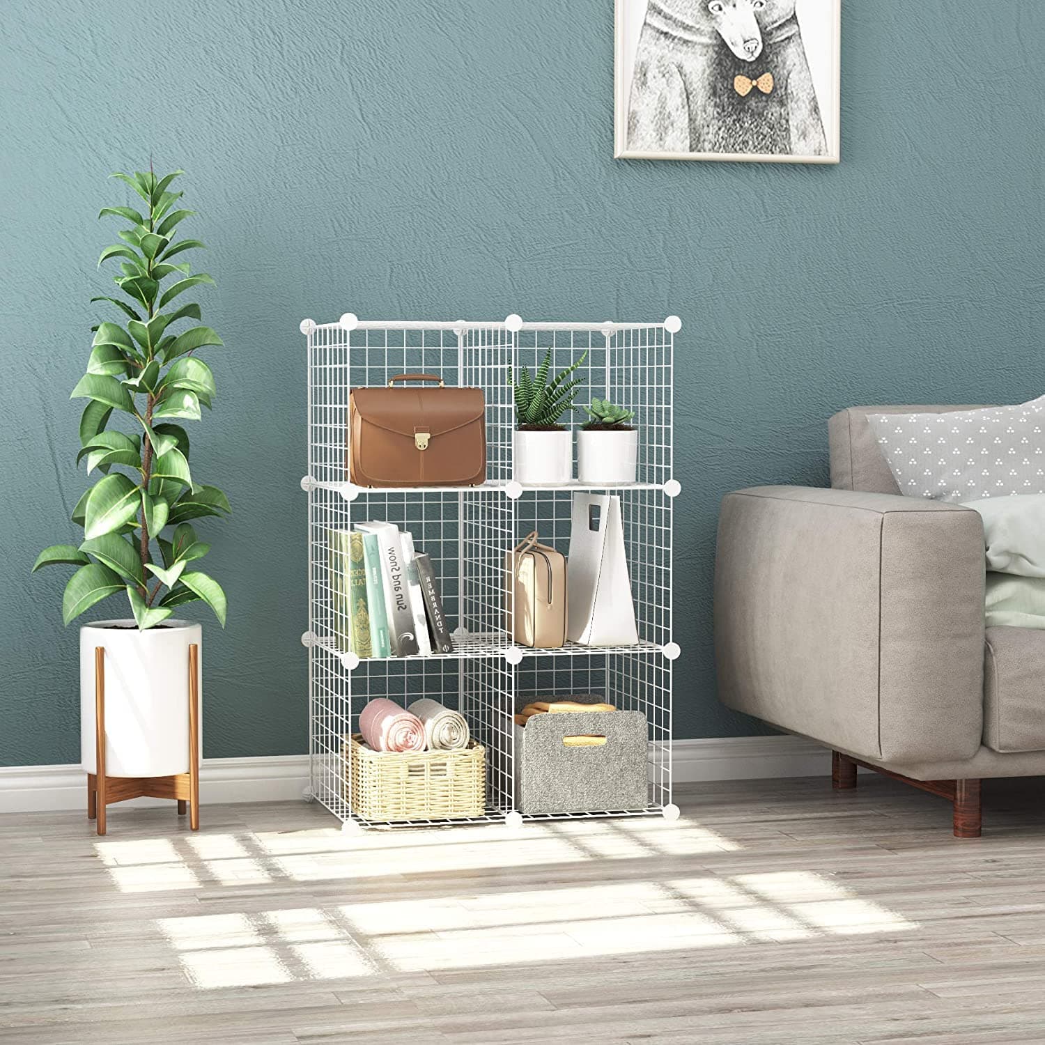 C&AHOME DIY Wire Storage Cubes Metal Grids Bookshelf Modular Shelving Stackable 6 Cube Closet Organizer Bookcase for Toys, Clothes, Books, White - White thumbnail 4