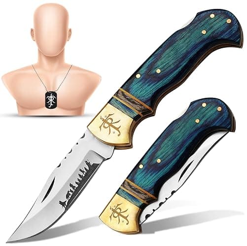 Huntex 3.25" Folding Pocket Knife, 420HC Blade, Pakka Wood Handle, Brass Lord of the Rings Symbol, EDC Tactical Knife with Gift Locket, Ideal for Camping, Survival, and Gifts (Blue Sheath) - Image 1