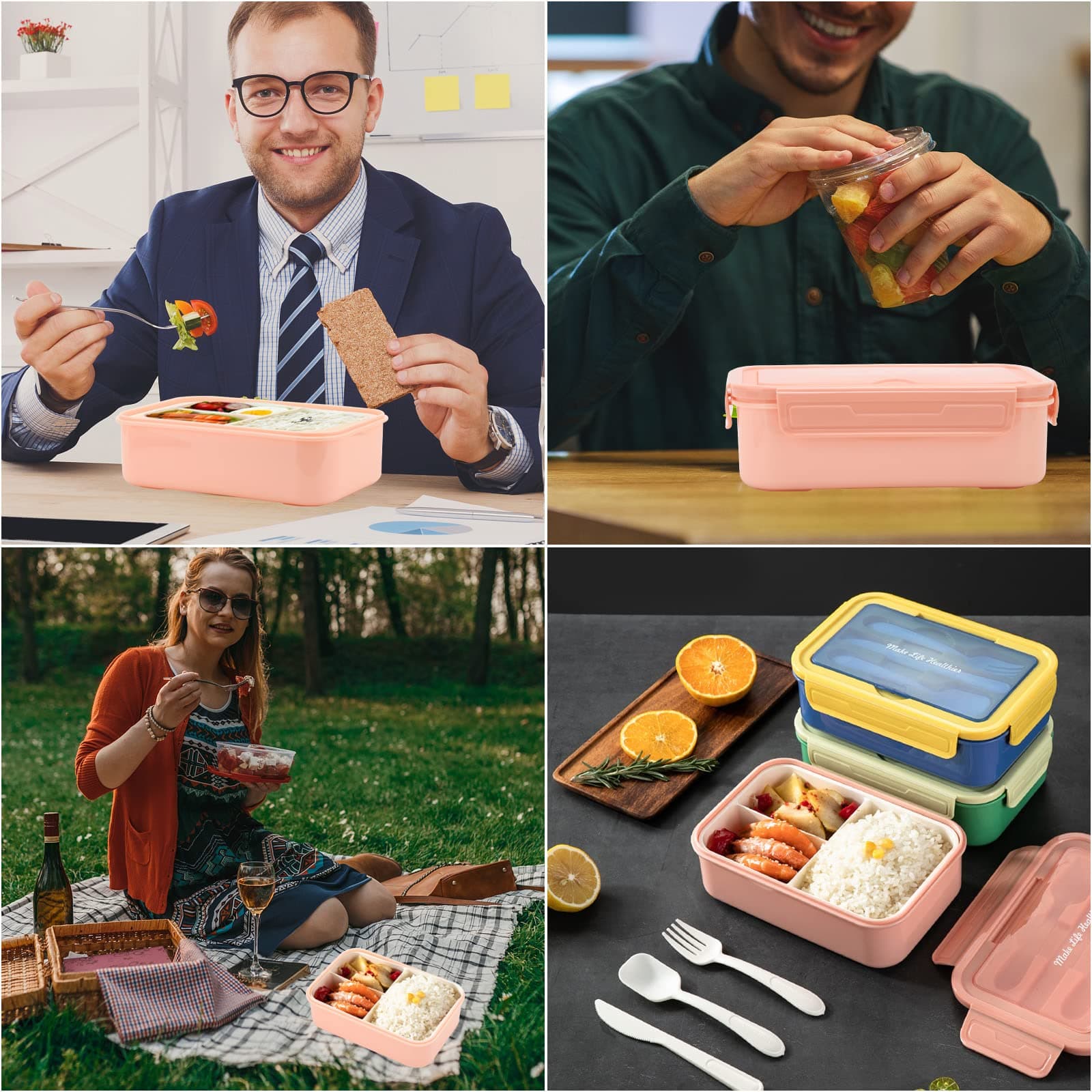 Bento Boxes for Adults and Kids, 1100 ML Lunch Box with 3 Compartment and Utensil Set, Leakproof Lunchbox Food Container for Dinning out, Work, School, Picnic - Pink thumbnail 5