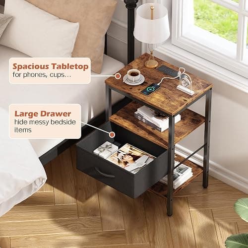 SUPERJARE Nightstand with Charging Station, Bed Side Table with Adjustable Fabric Drawer, Night Stand for Bedroom, 3-Tier Storage End Table, for Living Room, Rustic Brown and Black thumbnail 8