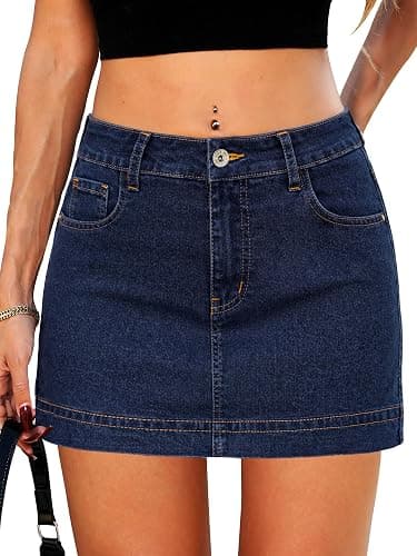 ELLEVEN Denim Mini Skirt with Built-in Shorts for Women, High Waist Stretch Y2K Skirts Casual Cute Summer Skort with Pockets - Image 1