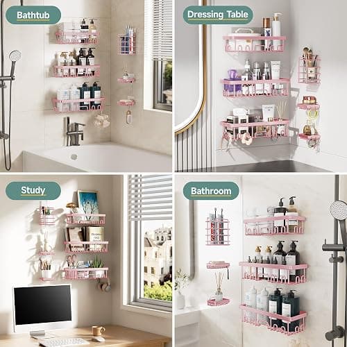 Veken Large Capacity Shower Caddy 6-Pack, No Drilling & Rustproof, Adhesive Shower Shelves with Soap Holder, Bathroom Organizers and Storage, Wall-Mounted Kitchen & Home Decor, Pink thumbnail 8