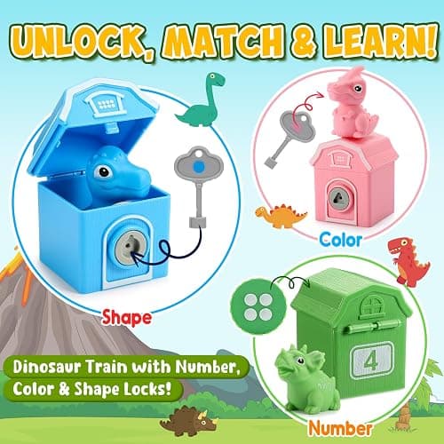 Toddler Montessori Learning Toys for 2 3 4 5 Year Old Boys, Kids Dinosaur Train Matching Toys with Locks & Keys | Counting & Sorting Trains Set, Preschool Toy Boy Girls Birthday Gifts Ages 2-4 3-5 thumbnail 4