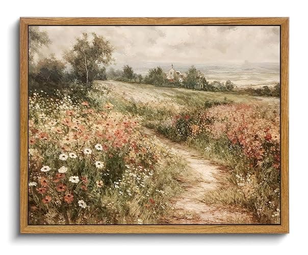 OIQArtOIQ Framed Canvas Wall Art,Vintage Decor,Landscape Nature Country Wildflower Paintings Farmhouse Pictures Modern Artwork Rustic Fall Flower Prints Cottagecore Office Living Room Bedroom Bathroom - Image 1