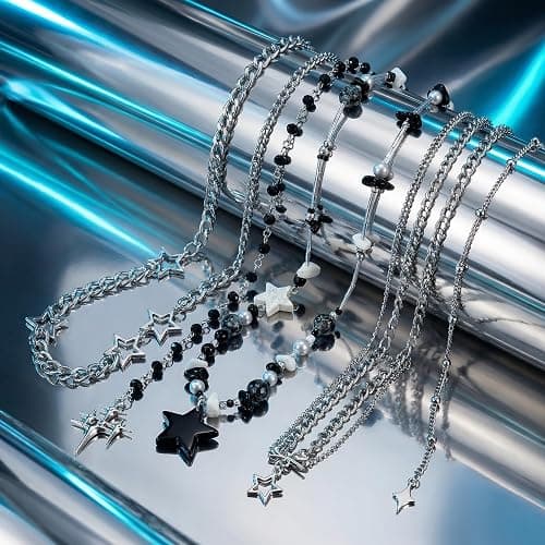 5PCS Retro-Inspired Dark Style Necklace Set for Women Men, Star Cross Pendant Silver Tone Beaded Chain Necklaces, Grunge Alternative Accessories Edgy Punk Jewelry Aesthetic Cool Stuff for Gifts thumbnail 7