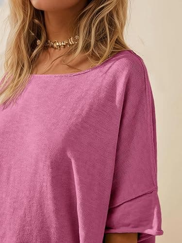 Tankaneo Women's Oversized T Shirts Casual Summer Crew Neck Loose Dropped Short Sleeve Side Slit Hem Blouse Tunic Tops thumbnail 3