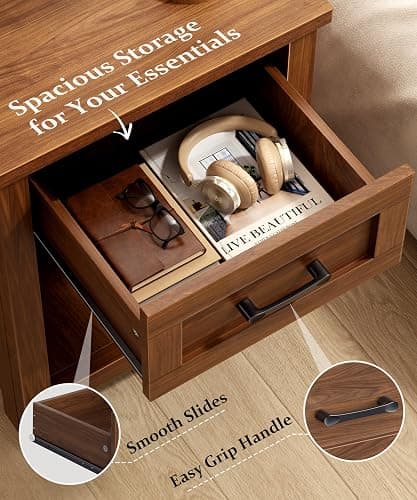 Decofy Farmhouse Nightstand with Charging Station, Walnut | AC Outlets, USB And Type C Ports, Drawer Storage, Open Shelf, Modern End Table For Bedrooms and Living Rooms thumbnail 6