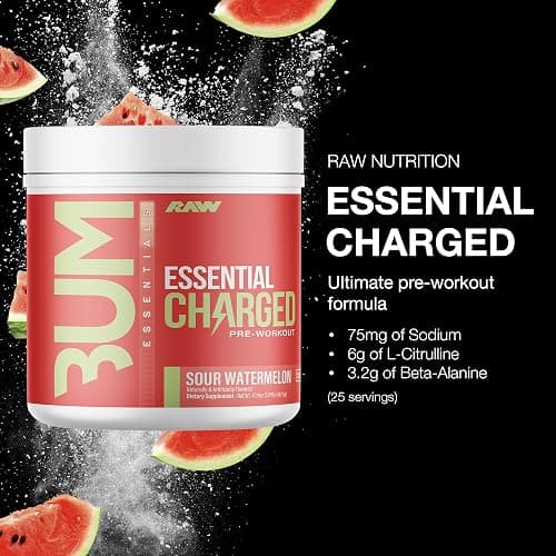 RAW Pre-Workout Powder, Essential CHARGED (Sour Watermelon) - Preworkout Supplement for Men & Women - Supports Focus, Mood & Performance - Caffeine, Alpha-GPC, L-Citrulline, Beta Alanine (25 Servings) thumbnail 3