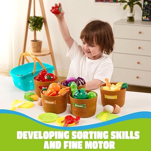 JOYIN Learning Toys Play Food Set for Toddlers, Cutting Food for Preschool Activities, Play Kitchen Accessories, Educational Toys, Color Sorting Set for Boys & Girls, Gifts for Christmas thumbnail 6