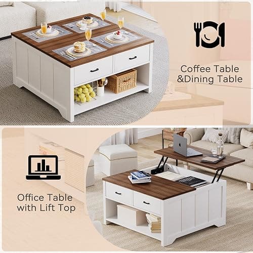 Vividwood Farmhouse Lift Top Coffee Table with Storage, Rustic Square Wood Coffee Table with Large Hidden Compartment & 2 Drawers & Open Shelf, Multifunctional Lift-Top Center Table for Living Room thumbnail 4