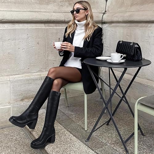 Choiran Black Knee High Boots for Women - Wide Calf Platform Tall Boots Square Toe Chunky Block Heeled Gogo Boots thumbnail 3
