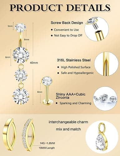 LOLIAS Gold Belly Button Ring - 14G Surgical Stainless Steel Belly Rings Hypoallergenic Clicker Belly Button Piercings for Women CZ Dangle Belly Button Rings Navel Piercing Pack Silver/Gold thumbnail 5