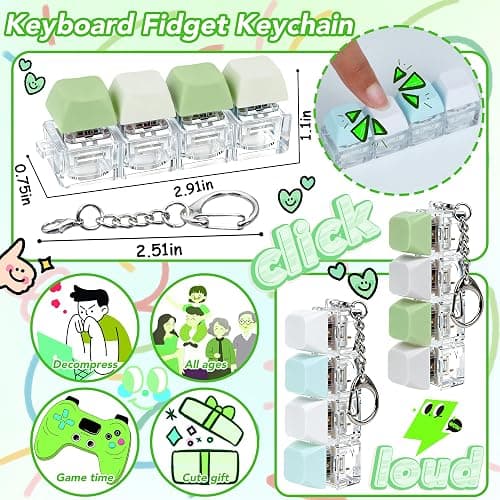 2 PCS 4-in-1 Keyboard Fidget Toy Keychain, Finger Clicky Button Toy Stress Relief Keychain with Swappable Keycaps, Mini Mechanical Key Fidget for Office Desk Focus Gifts (Green Blue White) thumbnail 3