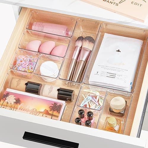 Vtopmart 25 PCS Clear Plastic Drawer Organizers Set, 4-Size Versatile Bathroom and Vanity Drawer Organizer Trays, Storage Bins for Makeup, Bedroom, Kitchen Gadgets Utensils and Office thumbnail 9