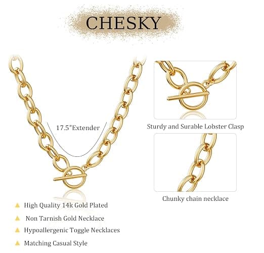 CHESKY 14K Gold Plated Chunky Necklace for Women, Trendy Paperclip Chain Necklace Thick Cross Heart Pendant Necklace Layered Herringbone Cuban Link Chain Toggle Necklaces Non Tarnish Jewelry thumbnail 3