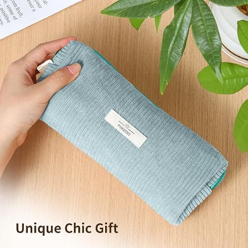 Purbert Soft Corduroy Pencil Case Pouch - Small Stationery Pen Bag Blue | Cute aesthetic design, smooth zipper, compact makeup pouch, ideal for school, daily use, travel, for girls, boys, students thumbnail 2