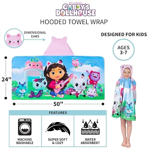 DreamWorks Gabby's Dollhouse Bath/Pool/Beach Soft Cotton Terry Hooded Towel Wrap, 24 in x 50 in, By Franco Kids thumbnail 2