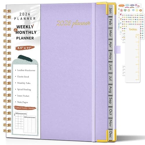 2026 Planner, Weekly and Monthly Calendar Planner from January 2026 - December 2026, 8.5" x 11" Hardcover Leather Hourly Appointment Book with Tabs, Spiral Daily Planners for College School Work Home, Purple - Image 1