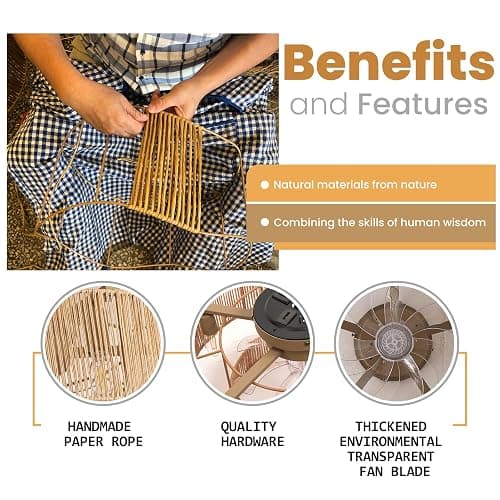 20 Inch Boho Caged Ceiling Fans with Lights Flush Mount, Layered Rattan Ceiling Fan with Light Remote Control with Reversible 6 Speeds for Bedroom, Nursery, Living Room, E12 Base, Indoor - 20 Inch Boho Caged Ceiling Fans with Lights thumbnail 4