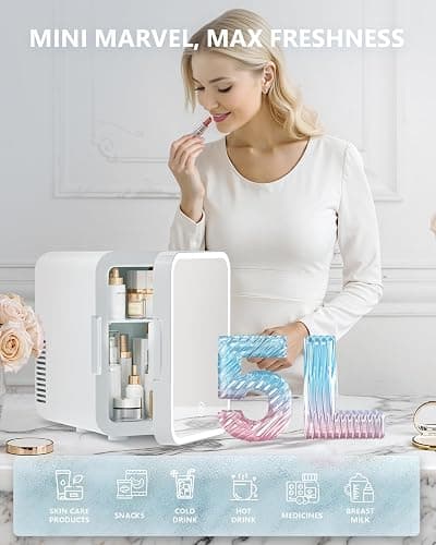 EUHOMY Skincare Fridge, 5 Liter Mini Fridge for Bedroom with Dimmable LED Mirror, AC/DC Portable Cooler & Warmer for Skincare, Cosmetics and Food, Makeup Fridge for Bedroom, Car & Office, White thumbnail 3