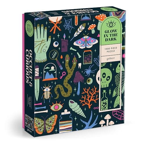 Galison Occult and Curious – 1000 Piece Glow in The Dark Jigsaw Puzzle Featuring an Eerie Collection of Creepy and Spooky Objects - Image 1