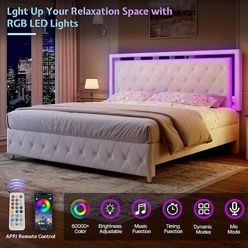 Jocisland Queen Bed Frame with LED Lights Headboard&Footboard, Velvet Upholstered Queen Size Platform Bed Frame No Box Spring Needed/Cream thumbnail 4