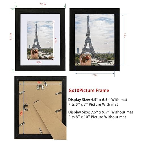 Hongkee 8x10 Picture Frame Set of 2, Made of Real Glass and Rustic Black Wooden Frame - Display Picture 5x7 with Mat or 8x10 Without Mat, 8 by 10 Photo for Wall or Tabletop thumbnail 3