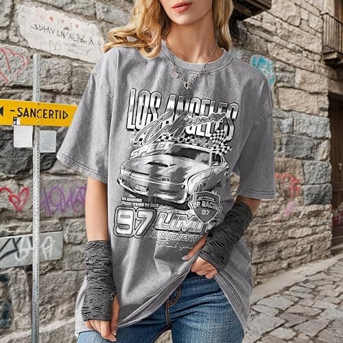 Pairxily Oversized Graphic Tees for Women Baggy Streetwear Preppy Shirts for Teens Race Car Checkered Flag Drop Shoulder Top thumbnail 6