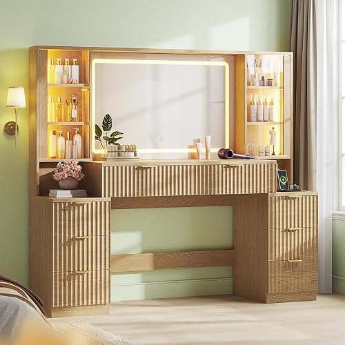 HAUOMS Big Vanity Desk, Fluted Makeup Vanity with Mirror Lights, Dressing Table (Oak, 59.1" Width) - Image 1