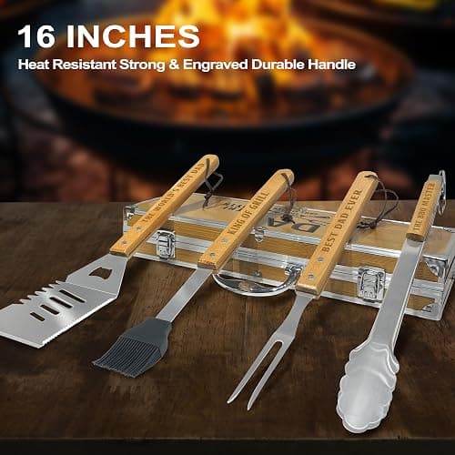 Christmas Dad Gifts from Daughter Heavy Duty Wooden BBQ Grilling Accessories Kit for Backyard, Thick Stainless Steel Grill Utensils with Non-Slip Handle Tools in Portable Bag Birthday thumbnail 4