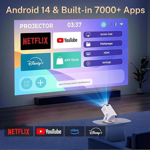 Built-in Apps 1080P 4K Support Mini Projector with Android 14, Phone Remote | Portable Smart Projector with WiFi 6 and Bluetooth 5.4 for Bedroom Auto Keystone Compatible with Netflix/iOS/HDMI/TV Stick X1 thumbnail 2