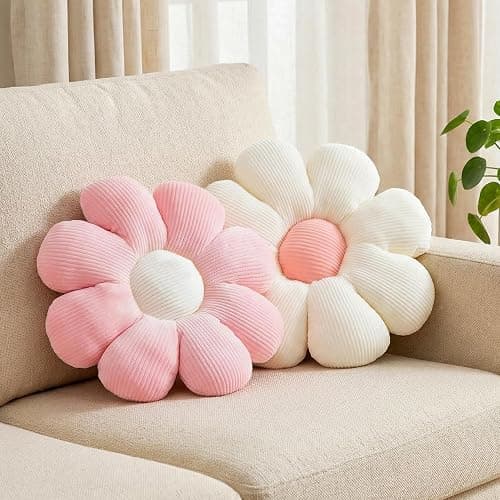 2 Pcs Preppy Flower Decorative Throw Pillows Set for Bed Couch Sofa, 15.35" Cute Pink White Flower Daisy Shaped Pillow for Aesthetic Preppy Bedroom Room Dorm Classroom Decor (White+Pink, 15.35 Inch) thumbnail 2