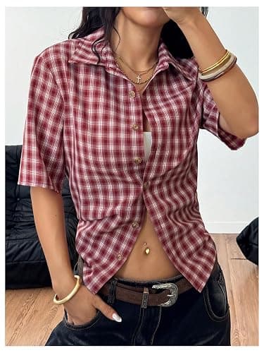 Milumia Women's Y2k Plaid Print Collared Button Shirt Short Sleeve Crop Tops Preppy Clothes Streetwear thumbnail 5
