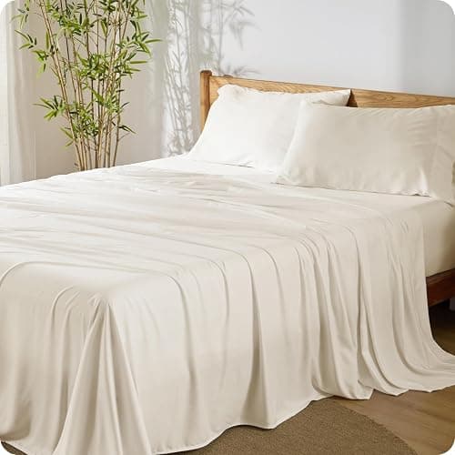 Bedsure PureWoven 100% Rayon Derived from Bamboo, Queen Sheets, 4 Pieces | Cooling Sheets for Hot Sleepers, Breathable & Silky Soft, 16" Deep Pocket, Hotel Luxury Bedding, Ivory - Image 1