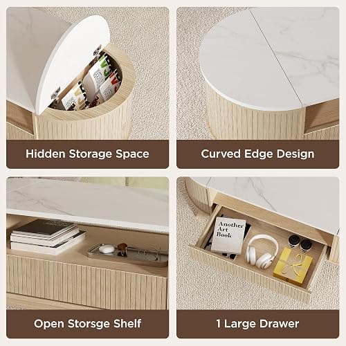 Coffee Table with Storage, Mid Century Modern Center Table for Living Room, Oval Fluted Coffee Table with Hidden Storage Space, Open Shelf & Drawer, Natural Wood thumbnail 4