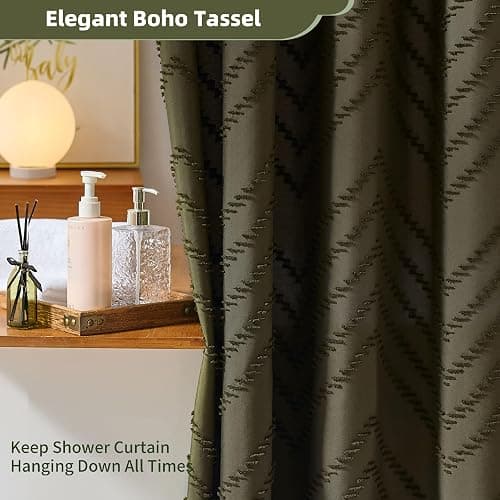 Siiluminisoy Long Shower Curtain Olive Green Boho Shower Curtain with Tassel for Bathroom, 72 x 78 Woven Fabric Modern Textured Tufted Chevron Striped, Machine Washable thumbnail 5