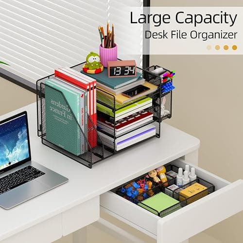 Casavibe Schreibtisch Organizer mit Aktenhalter - 5-Tier Briefablage Ablagefächer mitSchublade,4 Stithalter, Schreibtisch-Aufbewahrung, Zeitschriftenhalter fürBürobedarf (schwarz) thumbnail 4