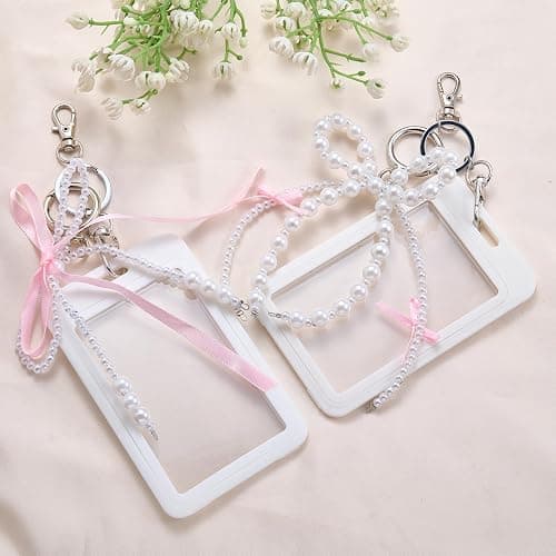 EVERJOYCRAFT 2 Sets Photocard Holder with Pearl Bow Cute Badge Holders | for 3.35"×2.07" Cards Decorative Protective Hard Acrylic Transparent Photocard Bus ID Bank Idol Card Case Keychain Bag Charm thumbnail 3