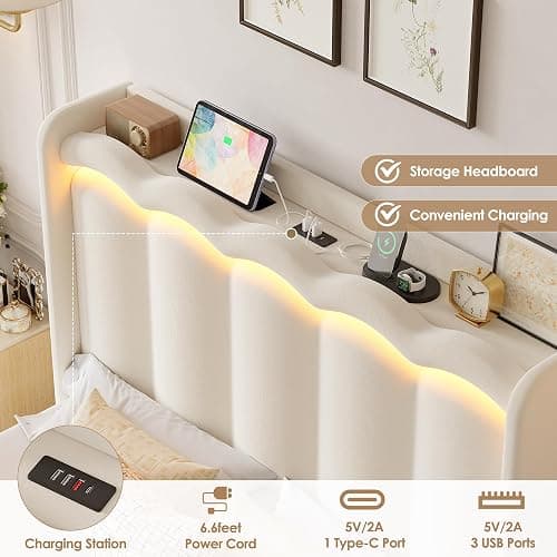 HIFIT Upholstered Full Size LED Bed Frame with Charging Station and 2 Storage Drawers, Beige Velvet Platform Bed Full Size, Camas Full with Double Wavy Wingback Headboard, No Box Spring Needed thumbnail 5