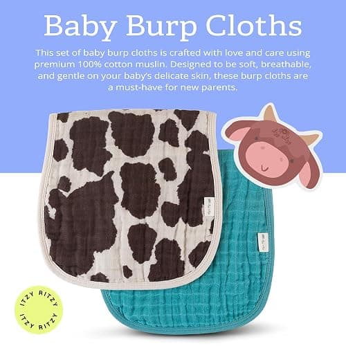 Itzy Ritzy Set of 2 Baby Burp Cloths – Ultra-Soft Absorbent Burping Cloths for Babies - Made of 100% Cotton Muslin and Generously Sized with Trendy Coordinating Prints – Machine Washable (Cow Print) thumbnail 3