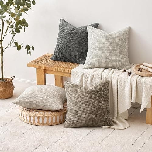 MIULEE Pack of 4 Couch Throw Pillow Covers 18x18 Inch Neutral Soft Decorative Chenille Pillow Covers Farmhouse Boho Cushion Covers for Mid Century Modern Spring Home Decor Sofa Bedroom Living Room thumbnail 4